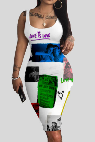 White Casual Street Print Patchwork U Neck Pencil Skirt Dresses