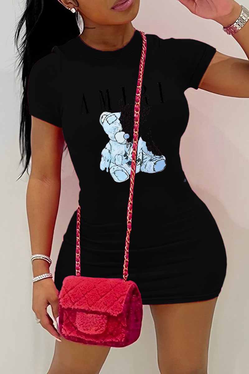 

Black Casual Print Letter O Neck One Step Skirt Dresses