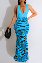 Небесно-голубой сексуальный принт в стиле пэчворк с разрезом и V-образным вырезом, одноступенчатые платья-юбки