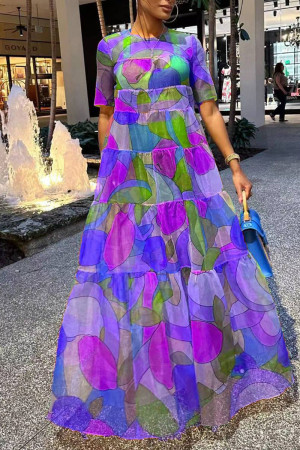 Rose Purple Casual Print Patchwork O Neck Straight Dresses