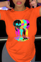 Orangefarbene, lässige T-Shirts mit O-Ausschnitt und Totenkopf-Patchwork-Aufdruck für den täglichen Gebrauch