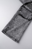 Graue, lässige, solide Patchwork-Jeans mit hoher Taille