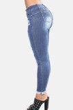 Jeans skinny azul claro casual sólido rasgado cintura média
