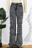 Grijze casual stevige patchwork jeans met hoge taille en normale denim