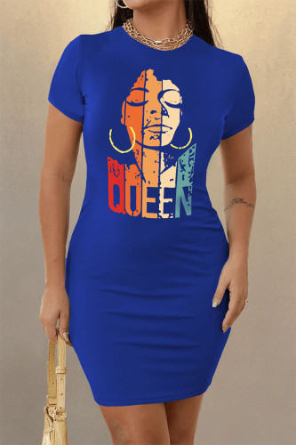 Blue Casual Street Print Patchwork O Neck Pencil Skirt Dresses