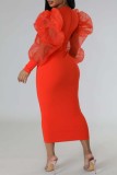 Wassermelonen-rote Mode-beiläufige feste Patchwork-O-Ansatz-lange Hülsen-Kleider
