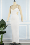 Белое сексуальное однотонное длинное платье на тонких бретелях с открытой спиной Платья