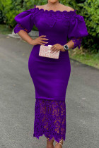 Фиолетовые элегантные однотонные платья в стиле пэчворк с открытыми плечами и юбкой на один шаг (без броши)