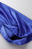 Blauwe sexy effen patchwork off-shoulder lantaarnrokjurken (afhankelijk van het werkelijke object)