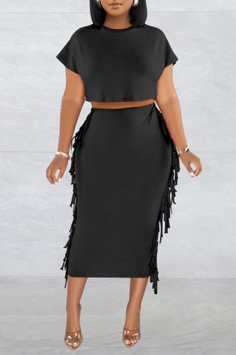 Black Casual Solid Tassel Patchwork O Neck Short Sleeve Two Pieces