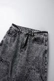 Grijze casual stevige patchwork jeans met hoge taille en normale denim