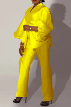 Желтый Повседневная однотонный Пэчворк Длинный рукав V-образный вырез Из двух частей