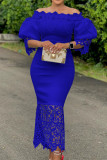 Vestidos de falda de un paso con hombros descubiertos de patchwork sólido elegante azul (sin broche)