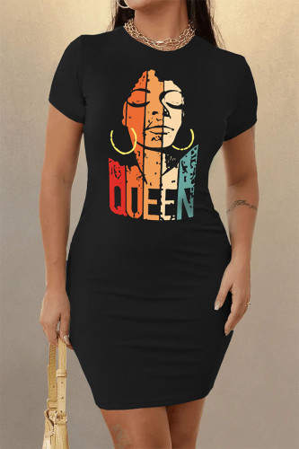Black Casual Street Print Patchwork O Neck Pencil Skirt Dresses