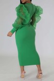 スイカレッドファッションカジュアルソリッドパッチワークOネックロングスリーブドレス
