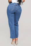 Jeans in denim regolari a vita alta con spacco solido casual blu scuro