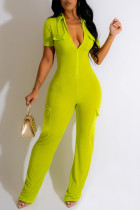 Fluoreszierender grüner, lässiger, einfarbiger Skinny-Jumpsuit mit Patchwork-Reißverschlusskragen