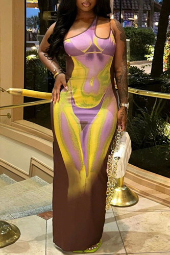 Purple Sexy Print Patchwork Asymmetrical Collar One Step Skirt Dresses