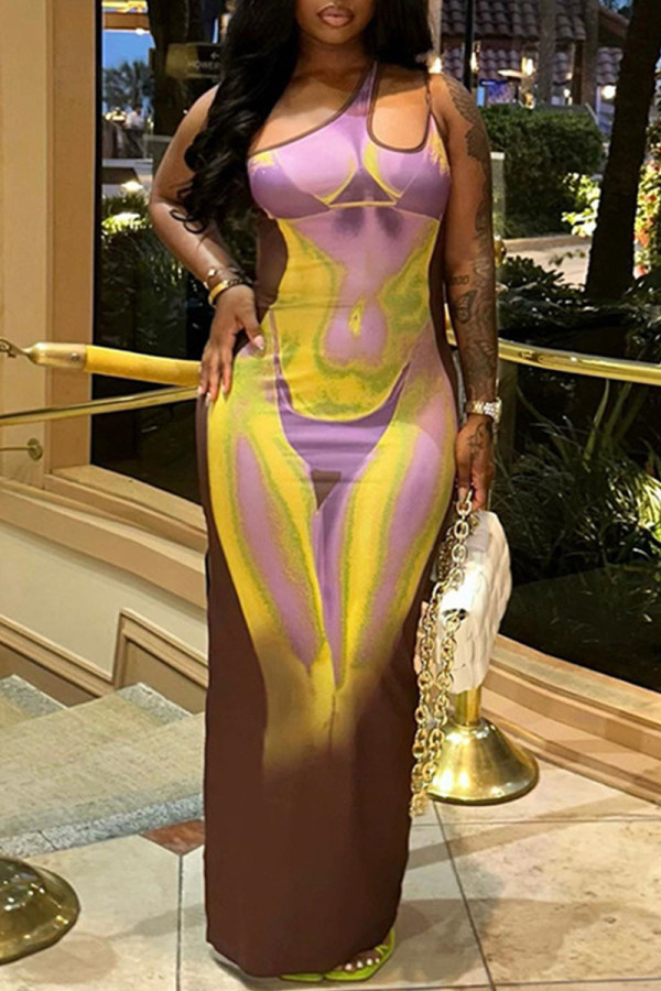 Фиолетовый сексуальный принт в стиле пэчворк Асимметричный воротник Платья с юбкой в ​​один шаг