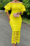 Yellow Elegant Solid Patchwork Off the Shoulder One Step Skirt Dresses(Without Brooch)