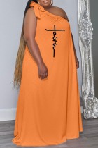 オレンジ カジュアル プリント タイダイ バックレス オブリーク カラー ノースリーブ ドレス プラス サイズ ドレス