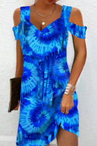 Blauwe casual print patchwork vierkante kraag rechte jurken