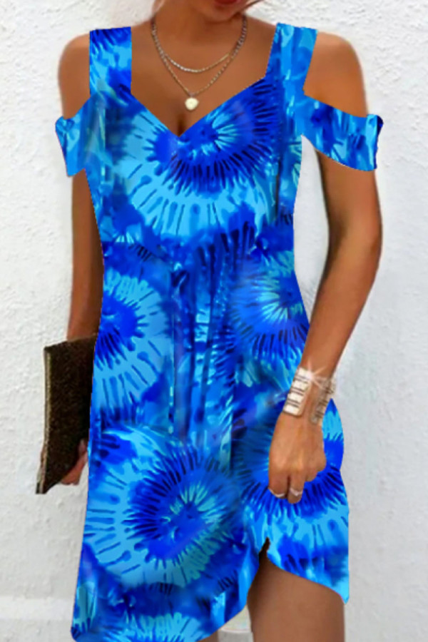 Blauwe casual print patchwork vierkante kraag rechte jurken