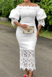 Vestidos de falda de un paso con hombros descubiertos de patchwork sólido elegante blanco (sin broche)