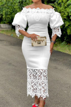 Vestidos de falda de un paso con hombros descubiertos de patchwork sólido elegante blanco (sin broche)