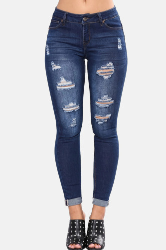 Deep Blue Casual Solid Mid Waist Skinny Ripped Denim Jeans