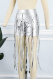 Silver Casual Solid Patchwork Skinny High Waist Conventional Solid Color Bottoms