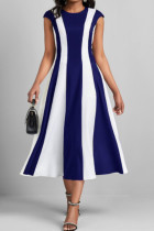 Koningsblauw casual gestreepte print patchwork O-hals A-lijn jurken