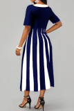 Vestidos casuais com estampa listrada azul royal patchwork decote em V vestidos evasê