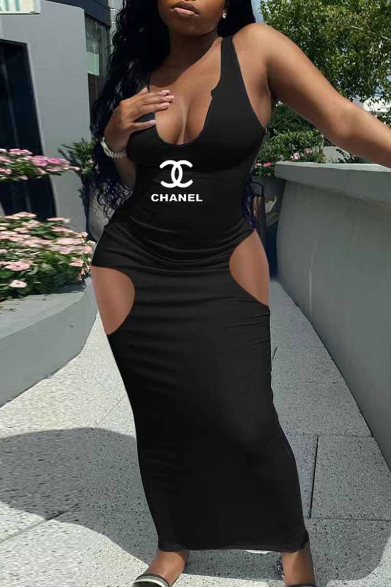 

Black Sexy Print Letter V Neck One Step Skirt Dresses