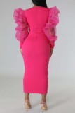 Rosa Mode Casual Solid Patchwork O-hals långärmade klänningar