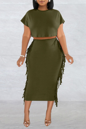 Ink Green Casual Solid Tassel Patchwork O Neck Short Sleeve Two Pieces
