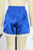 Calças esportivas casuais azuis com recortes lisos, cintura alta, retas, cor sólida