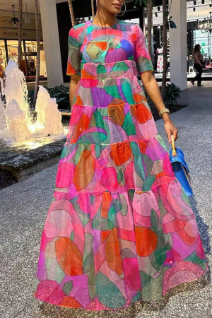 Women's Pink Casual African Print Patchwork O Neck Straight Dress