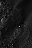 Zwart casual effen patchwork kralen O-hals eenstaps rokjurken