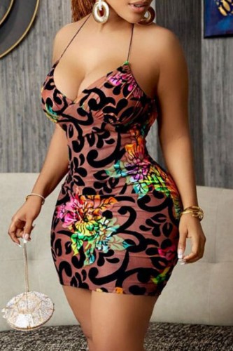 Brown Sexy Print Backless V Neck Sling Dress Plus Size Dresses