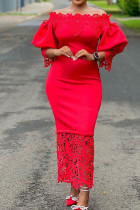 Красные элегантные однотонные платья в стиле пэчворк с открытыми плечами и юбкой на один шаг (без броши)