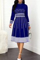 Royal Blue Casual Print Polka Dot Patchwork O-Ausschnitt Kleider in A-Linie