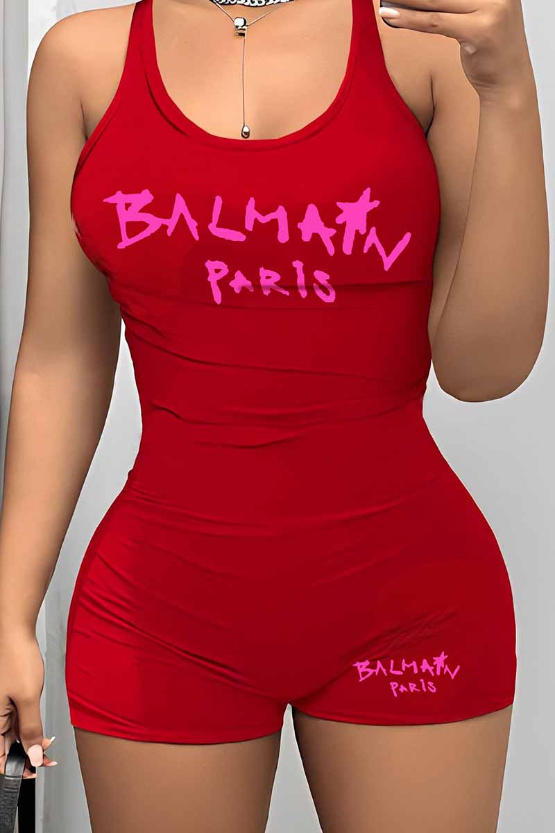 

Red Sexy Print Letter U Neck Jumpsuits