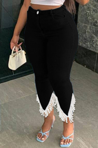 Black Casual Solid Tassel Patchwork High Waist Regular Denim Jeans