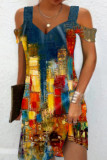 Vestidos retos com estampa de patchwork de cor gradiente e gola quadrada