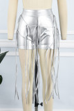 Silver Casual Solid Patchwork Skinny High Waist Conventional Solid Color Bottoms