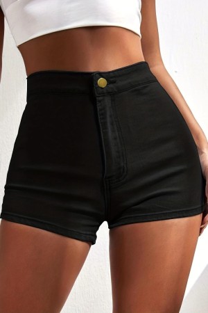 Black Casual Solid Patchwork High Waist Skinny Denim Shorts