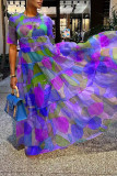 Rose Lila Casual Print Patchwork O-hals raka klänningar
