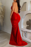 Rosen-rote reizvolle feste Patchwork-Halter-lange Kleid-Kleider