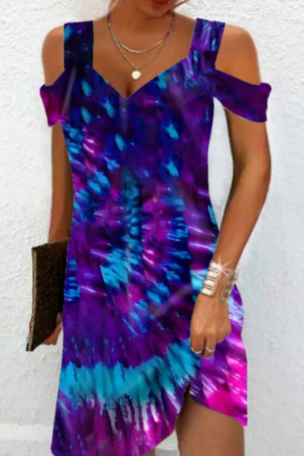 Paarse casual print patchwork vierkante kraag rechte jurken